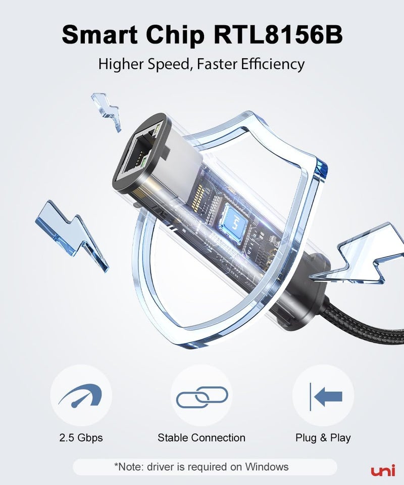 Uni USB-C to Ethernet Adapter 2.5 Gbps, Blazing Fast Type-C(Thunderbolt 4/3 Compatible) to RJ45 Adapter, Sturdy Aluminum Gigabit Network Adapter, for MacBook Pro/Air 2023, Laptops, PC, NAS, etc. - Image 3